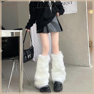 LEYOUFU White Faux Fur Leg Warmers Boot Covers Y2K Goth Solid Leg Socks Punk Knee-length Fashion Warm Sock