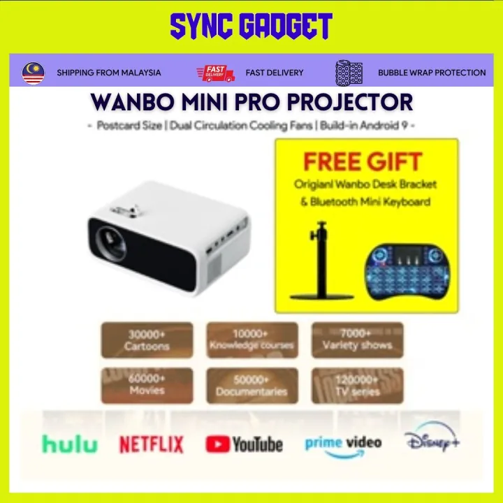 WANBO Projector Mini Pro [Build In Android 9 System | Netflix | Postcard Size | Dual Circulation Fans]