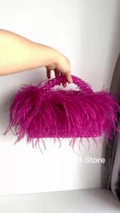 Pearl Bead Bag With Feather Fur Designer Brand Clear Acrylic Crystal Stone Tote Handbag Women Handmade Party Purse