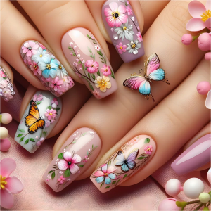 24 Pcs Pink Flowers Artificial Nail Butterfly Press On Nail Long Ballerinas Stick On Nail Glossy False Nail for Party