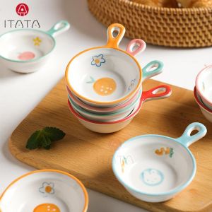 Nordic Style Mini Ceramic Soy Sauce Plate Fresh Colour Series Cookware Vinegar Oil Salt Spices With Handle & Hole Candy Small (Random Design)