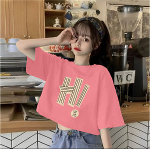 T-shirt Crop Top Lengan Pendek Kaos Wanita Crop Top Korea Colorful three stripes print Kaos Crop Wanita Kekinian Baju Atasan Wanita Terbaru Putih Crop Top