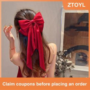 【ZTOYL】 Elegant Red Streamer Large Bow Ribbon Hair Clip For Women Fashion Simple Solid Satin Ponytail Bow Hairpin Girls Hair Accessories