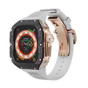 Luxury Carbon Fiber Richard RM Mod Kit for Apple Watch Ultra 2 / Ultra 49mm New Premium GD Series Carbon Fiber Case and Titanium Alloy Middle Frame with Fluororubber Folding Buckle Strap Set
