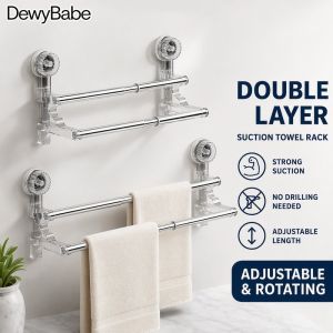 Punch Free Suction Cup Double Tier Telescopic Rotating Towel Rack For Bathroom Kitchen Laundry