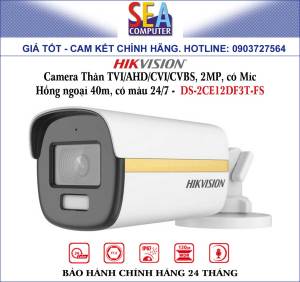 HIKVISION Camera Thân TVI/AHD/CVI/CVBS 2MP có Mic Hồng ngoại 40m có màu 24/7 - DS-2CE12DF3T-FS