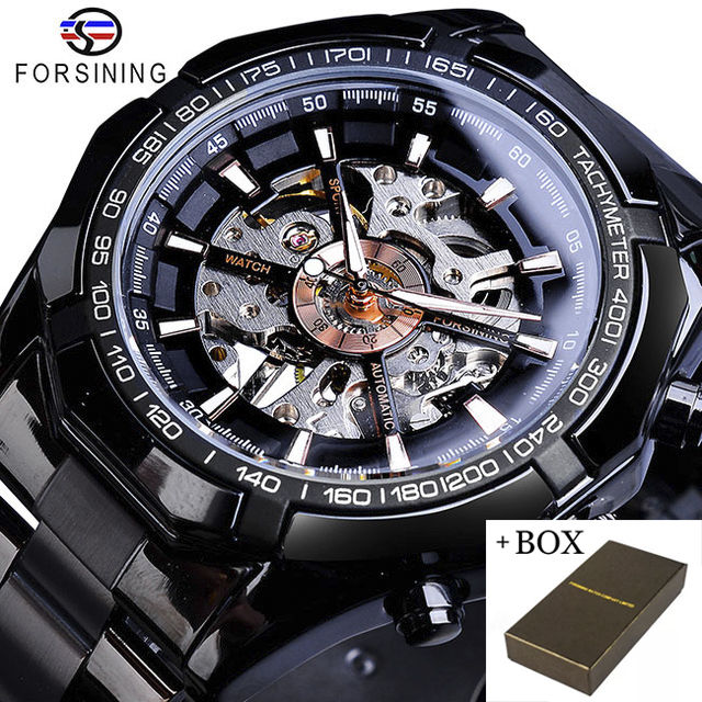Forsining hot Stainless Steel Waterproof Mens Skeleton Watches Top