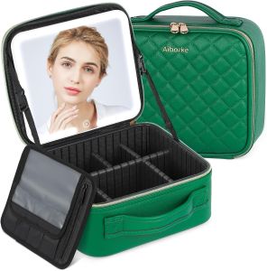 Travel Makeup Bag with Led Mirror Make up Case with Lighted Mirror Cosmetic Organizer bag with Adjustable Dividers and 5X Magnifying Mirror Makeup Vanity Case for Women