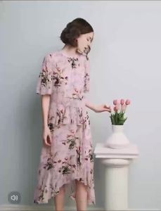 French Romantic Pink Floral Waist-Cinching Mid-Length Short Sleeve Dress  121234F-A