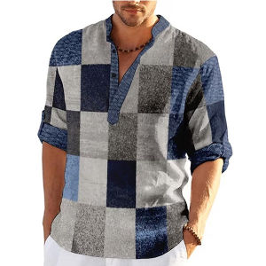 Colored 3D Printed Standing Collar Shirt Pure Cotton Simple Color Matching Large Size Top for Men