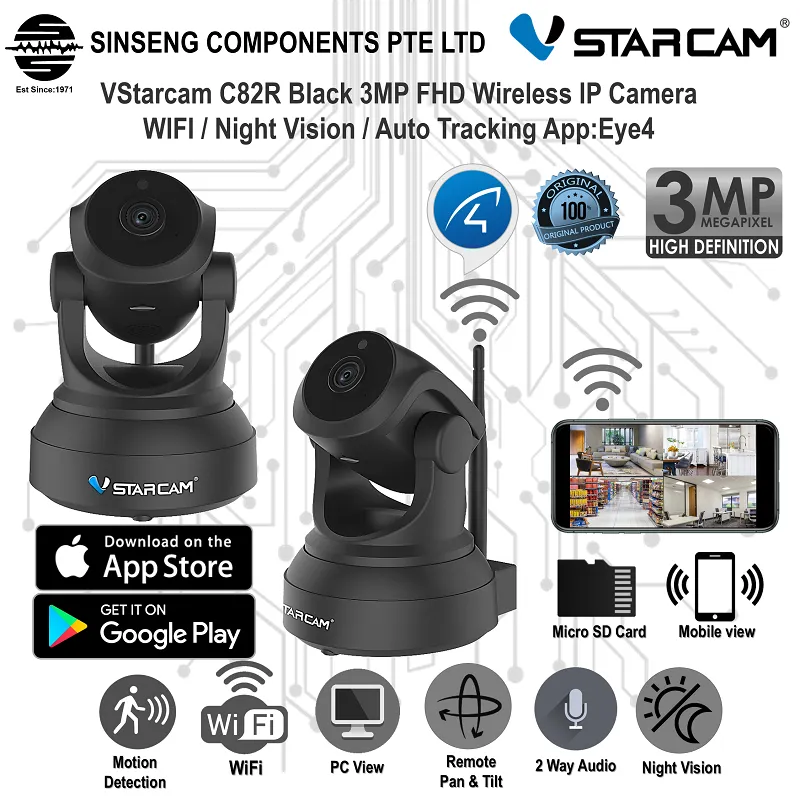 Upgraded 3MP Vstarcam Black C82R Wireless WiFi IP Camera with Auto