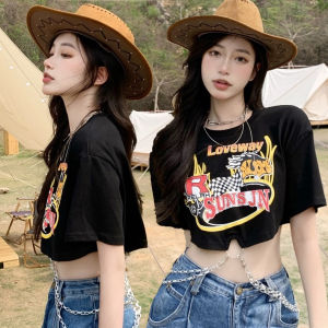 ✅ส่งไว✅สต็อกไทย เสื้อยืดทรงครอป สีดำสกรีนลาย SUN JN มีโซ่ร้อยชายเสื้อ