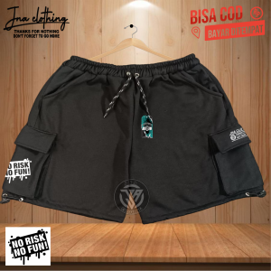 Celana Pria Pendek Cargo Distro Premium Bahan Flece Lembut Adem Warna Mocca List NO RISK NO FUN Size M L XL Terbaru Termurah