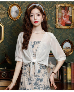 Impression Fshion Women Korean Chiffon Plain 3/4 Sleeve Front-tie Short Sun-protective Shawl Cardigan