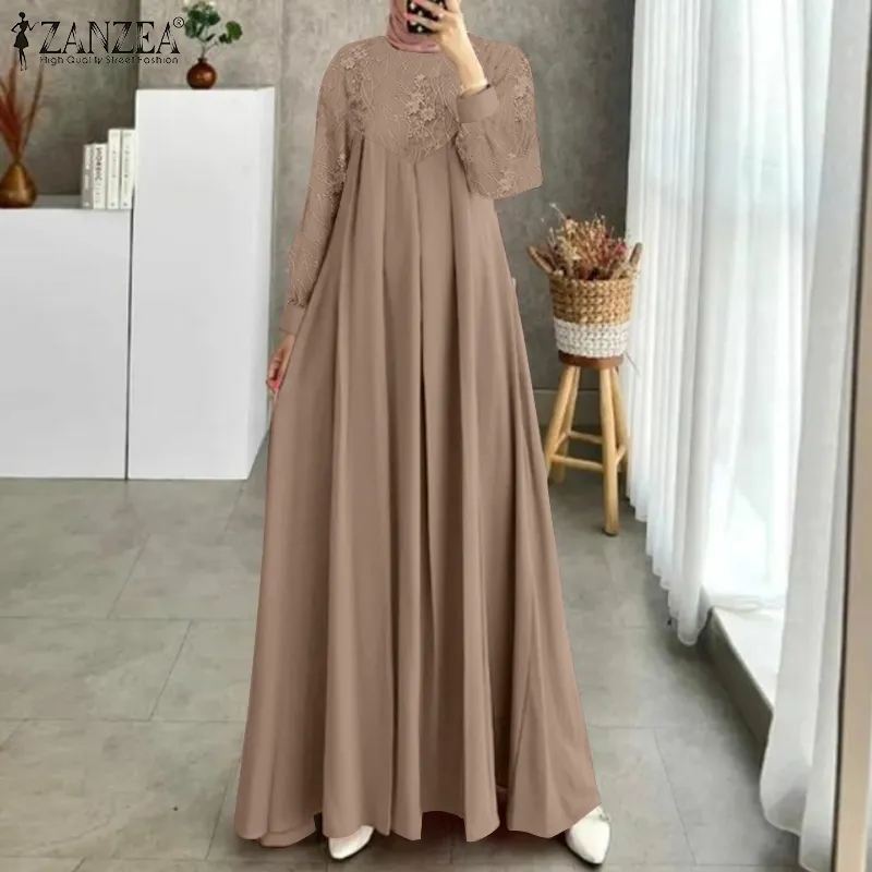 Fancystyle ZANZEA Muslimah Women Muslim Lace Patchwork A Line Sundress Casual Long Sleeve Dresses Lazada