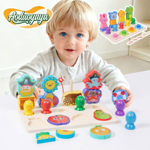 Aoduoyaya 3IN1 Montessori Wooden Fishing Toys Sorting Stacking Magnetic Puzzles Toys Early Learning Educational Toys