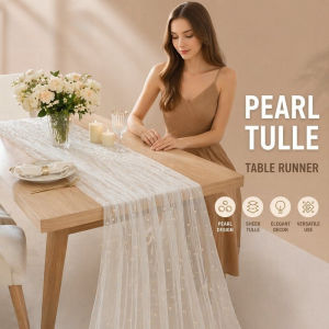 Vixplorn Fashion Pearl Tulle Table Runner Sheer Gauze White Mesh Wedding Party Dining Table Decor