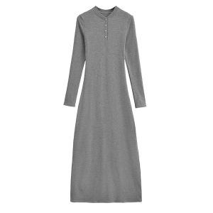 เดรสยาวสีเหลือง คอกลม แขนยาว กระดุมหน้าอก ผ้ายืดหยุ่น ใส่สบาย ทรงเข้ารูปสวย เดรสออกงาน ชุดไปเที่ยว #9503