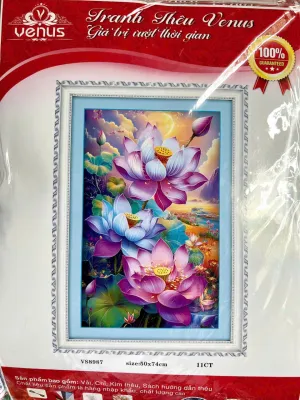 Tranh thêu chữ thập hoa sen (tranh thêu kín) - nhiều mẫu và kích thước