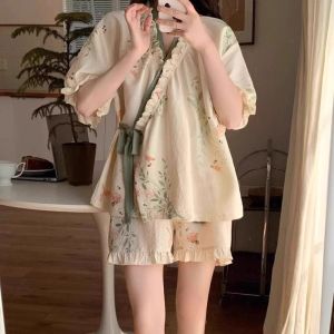 GOOTRADES ดอกไม้ ชุดนอนแบบผูกเชือก รีเฟล รูปแบบจีนใหม่ ชุดนอนสองชิ้น แฟชั่น หลวม ชุดนอนแขนสั้น ผู้หญิงสาว