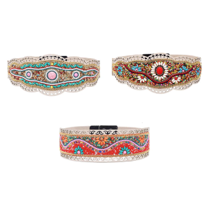 Ethnic Beaded Waist Cincher Stretch Waistband Bohemian Belt Body Girdle Feature Floral Accent for Womens Clothing