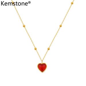 Kemstone Gold Stainless Steel Beaded Chain Necklace with Red Heart Resin Pendant for Women