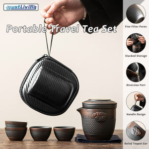 JustLiving Purple Sand Travel Tea Setwith Handheld Pot Travel Ceramic Tea Pot Set Chinese Kung Fu Teapot with Tea Infuser and Portable Bag for Home/ Outdoor/ Picnic/ Hotel/ Business Trip