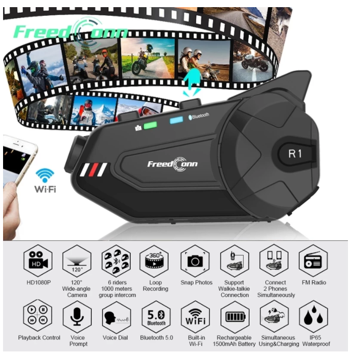 Freedconn  R1 Plus Motorcycle Group Intercom Waterproof HD Lens 1080P Video 6 Riders Bluetooth FM Wifi Helmet Headset Recorder