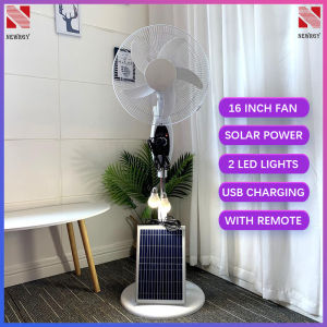 Solar electric fan 12/16 inch rechargeable 2 LED lights 220V AC desktop electric fan outdoor fan solar light