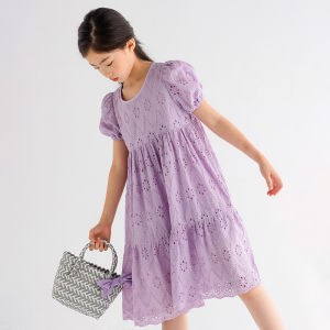 2022 Summer Autumn New Teen Girls Lace Hollow Out Dresses Patchwork Clothing Kids Girl Party Lantern Sleeve Princess Dress Purple Floral Teen Dress For Girl