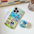 Cute Cartoon Beach-themed Tamagotchi Round-edge Stand Phone Case for iPhone 12 Pro Max, Soft Dual-sided IMD Phone Protector for iPhone13,14,15,16 Pro Max,Japanese and Korean Anime. 