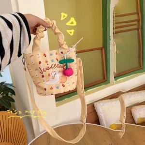 SHEDE Japanese Style Cartoon Printed Bucket Bag with Pendant Handbag Canvas Crossbody Bag Cute Sweet Casual Shoulder Bag Women
