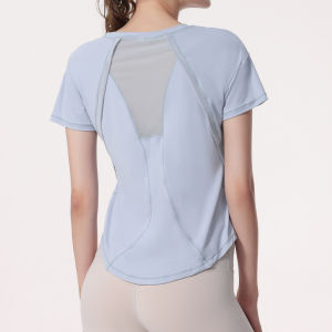 YueJi Cool Feeling Sport T-shirt for Women Short Sleeve Mesh Back Quick Dry Pilates Yoga Tops