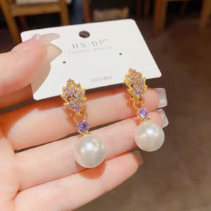 Fashionable Ring Gift 韩式时尚精致锆石树叶珍珠耳坠s925银针小众设计高级感耳环批发