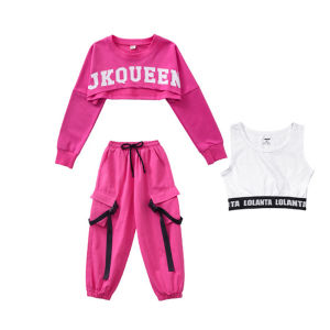 LOlanta ชุดสูทฮิปฮอปแนวตะวันตกสำหรับเด็กผู้หญิงชุดครอปท็อปกางเกงสไตล์ตะวันตกชุดเต้นรำแจ๊สสำหรับนักเรียนสีแดงกุหลาบ4-16ปี