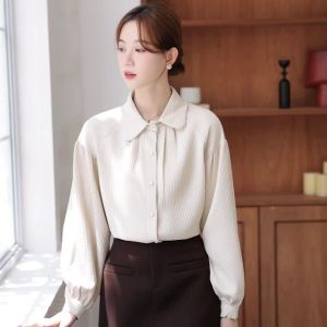 AMMIN 2025 French Retro Waffle Lantern Sleeve Single-Breasted Commuter Shirt for Women New Autumn Fashion Pleated Design Long Sleeve Elegant Blouse