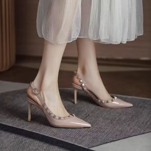 [Free Shipping] Rivet High Heels For Women Spring New Style Pointed Toe Side Hollow Design Solid Color Single-Strap Buckle Closed-Toe Elegant Flats