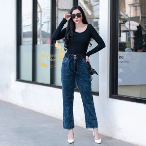 Boyfriend Higwaist Jeans Pinggang Karet Kerut Kancing 2 Kain Tebal Celana Jeans Wanita Kekinian Real Pict Tersedia 4 Warna