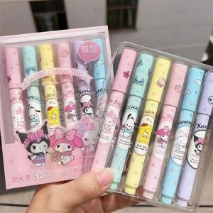 6PCS Set Sanrio Highlighter Fluorescent Pen My Melody Kuromi Hello Kitty Pompompurin Students Kids Stationery Gift Six Color