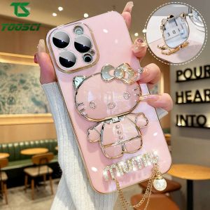 Luxury Hello Kitty Makeup Mirror Diamond Pearl Pendant Plating Holder Stand Phone Case Soft Back Cover For OPPO A77S A1 Pro A37 A11K A1K A31 A39 A3S A5 A9 A52 A92 A59 F1S A7 A5S A12 A83 A91 A71 A74