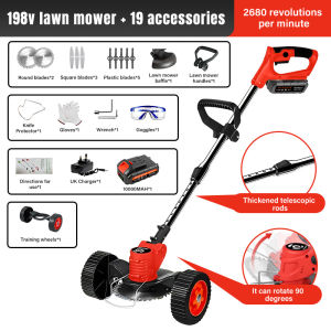PINSEN 198V 2680W high-power electric lawn mower With wheels Bateri Cordless Grass Cutter Machine Rechargeable Electric Lawn Mower Portable Grass Trimmer Adjustable Pemotong Rumput Multifunction Garden Pruning tool 割草機
