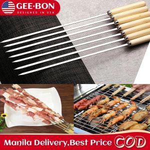 [selected]GEEBON Wooden BBQ Stick Handle Skewer Barbecue Tool BBQ Stainless Steel Outdoor Barbecue Skewer 34CM
