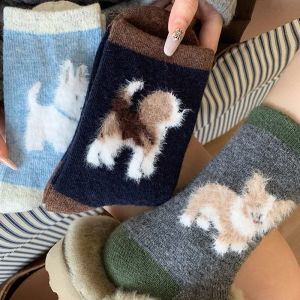 5Pairs Colorful Funny Plush Dog Pattern Women Thick Winproof Socks Kawaii Cartoon Soft Mid-tube Stockings Winter Warm Indoor Socks Hosiery