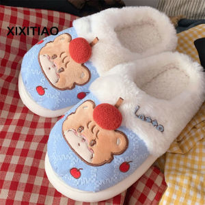 XIXITIAO Womens Cartoon Thermal Plush Slippers 2024 Winter New mikko Joint Cute Bear plus Velvet Cotton Shoes
