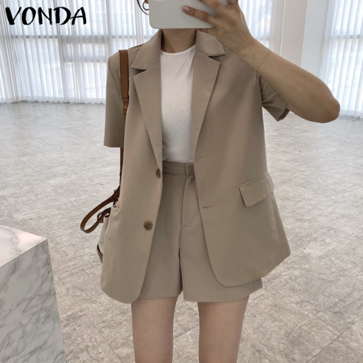 VONDA Two Piece Blazer Suit Women Office Sets Short Sleeve