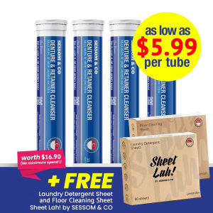 SESSOM & CO Denture and Retainer Cleanser 120 tablets + Free Laundry Detergent & Floor Cleaning Sheet 60 Sheets Each