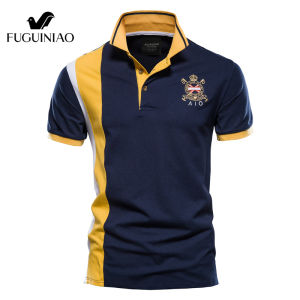 FUGUINIAO 100% Cotton Badge Embroidery Polo Shirt for Men Short-sleeved Patchwork Mens Polos Quality Summer Brand Men Clothing