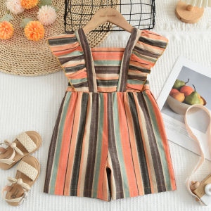 Bear Leader 3 to 7 Years Girls Clothes Kids Colorful Stripes Jumpsuit 2025 New Summer Flying Sleeve Short Bodysuit for Baby Girl Fashion Clothing Childrens One-pieces Outwear