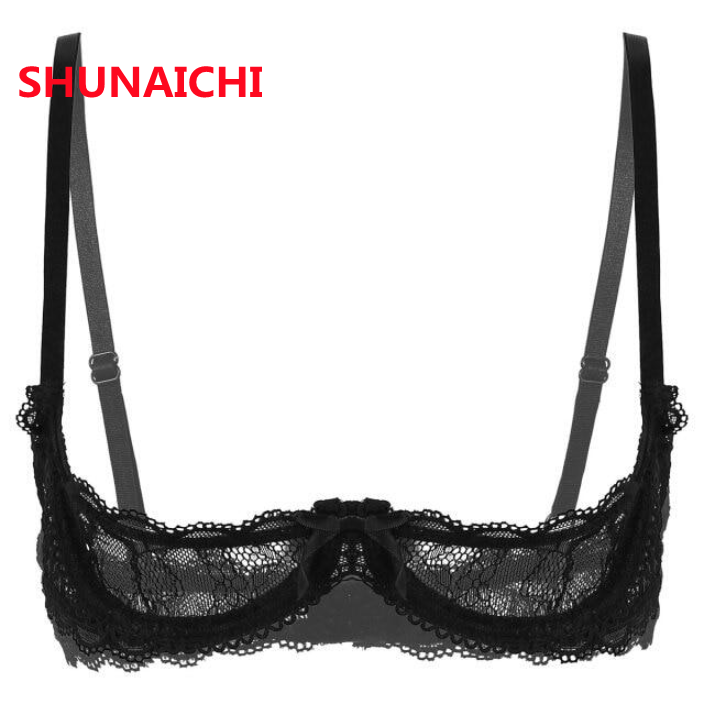 Womens Sheer Lace Open Cup Bra Adjustable Spaghetti Shoulder Straps 1/4  Cups See Through Push Up Underwire Bra Tops