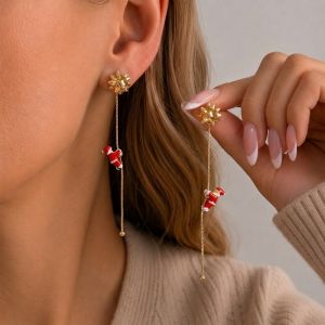 MAYIT Người tuyết men Bông tai dáng dài hình Giáng sinh Ngôi sao Zircon Thiết kế không đối xứng. Bông tai dự tiệc Phong cách Ông già Noel đang di chuyển. Bông tai tua rua dài Dành cho phụ nữ.
